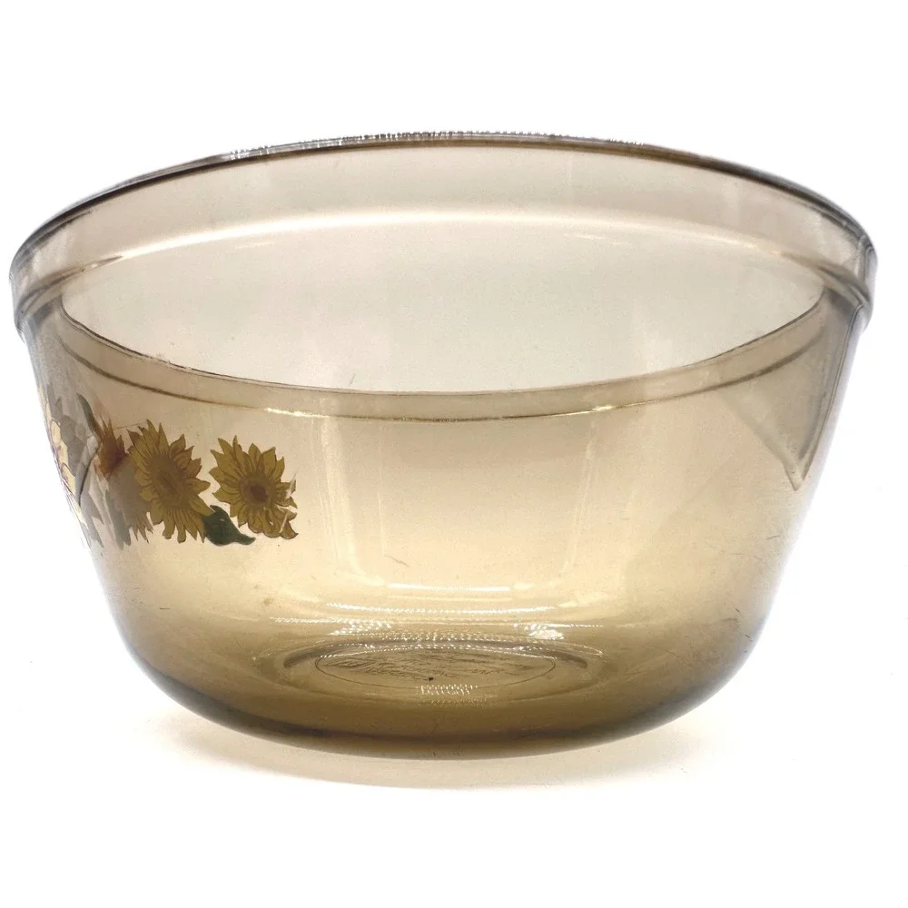 Anchor Hocking Mixing Bowl 1.5 Qt Amber Glass Sunflower Floral Ovenware USA